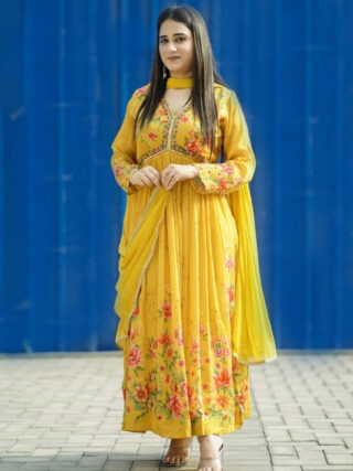 Yellow floral printed Alia gown with dupatta