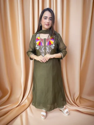 Olive Green Mulchanderi 'Kavya'